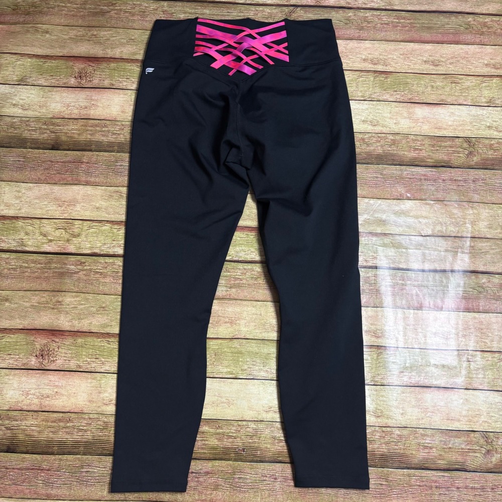 Fabletics PowerHold High Waisted Leggings Black Pink Lattice Strappy Back XXS